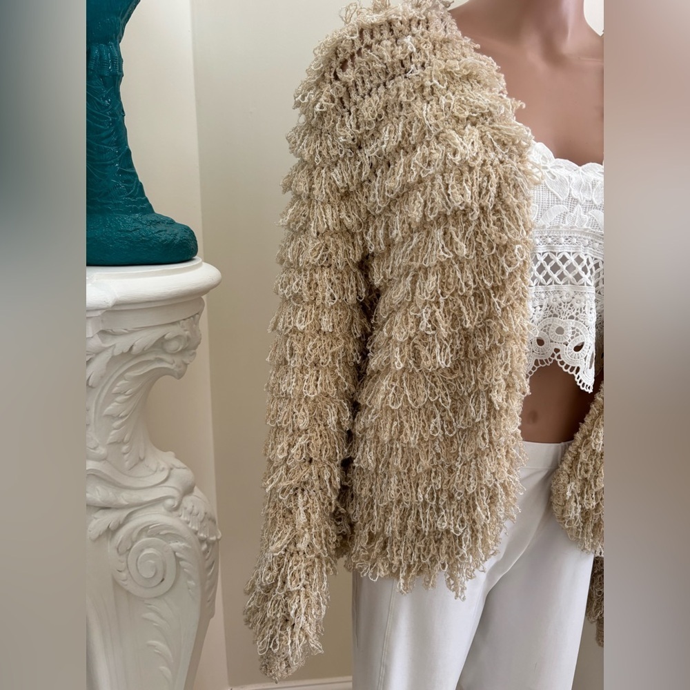 Beige Textured Fringe Open Front Jacket - Picture 3 of 10